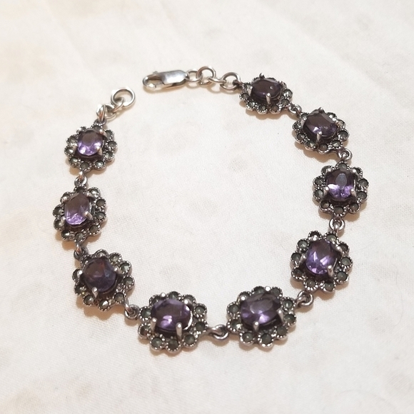 Vtg Genuine Amethyst Marcasite Sterling Silver Bracelet - Picture 6 of 6